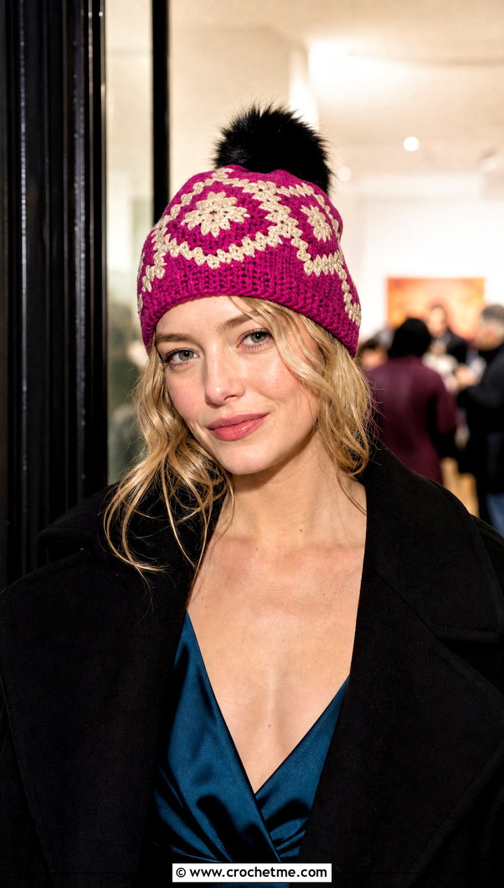 Tapestry Crochet Hat With Satin Dress And Oversized Coat - 15 Crochet Hat With Fur Pom Pom outfit ideas