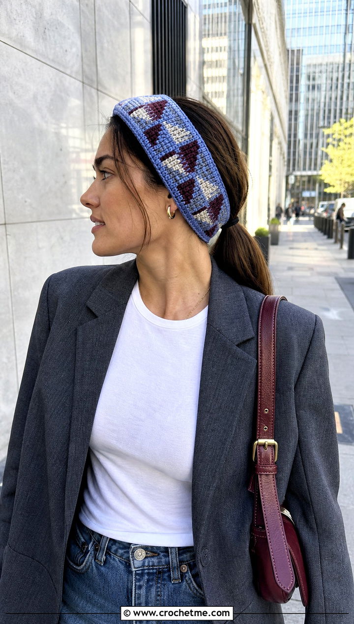 Tapestry Crochet Headband With Blazer And Straight Jeans - 30 simple crochet head bands outfit ideas