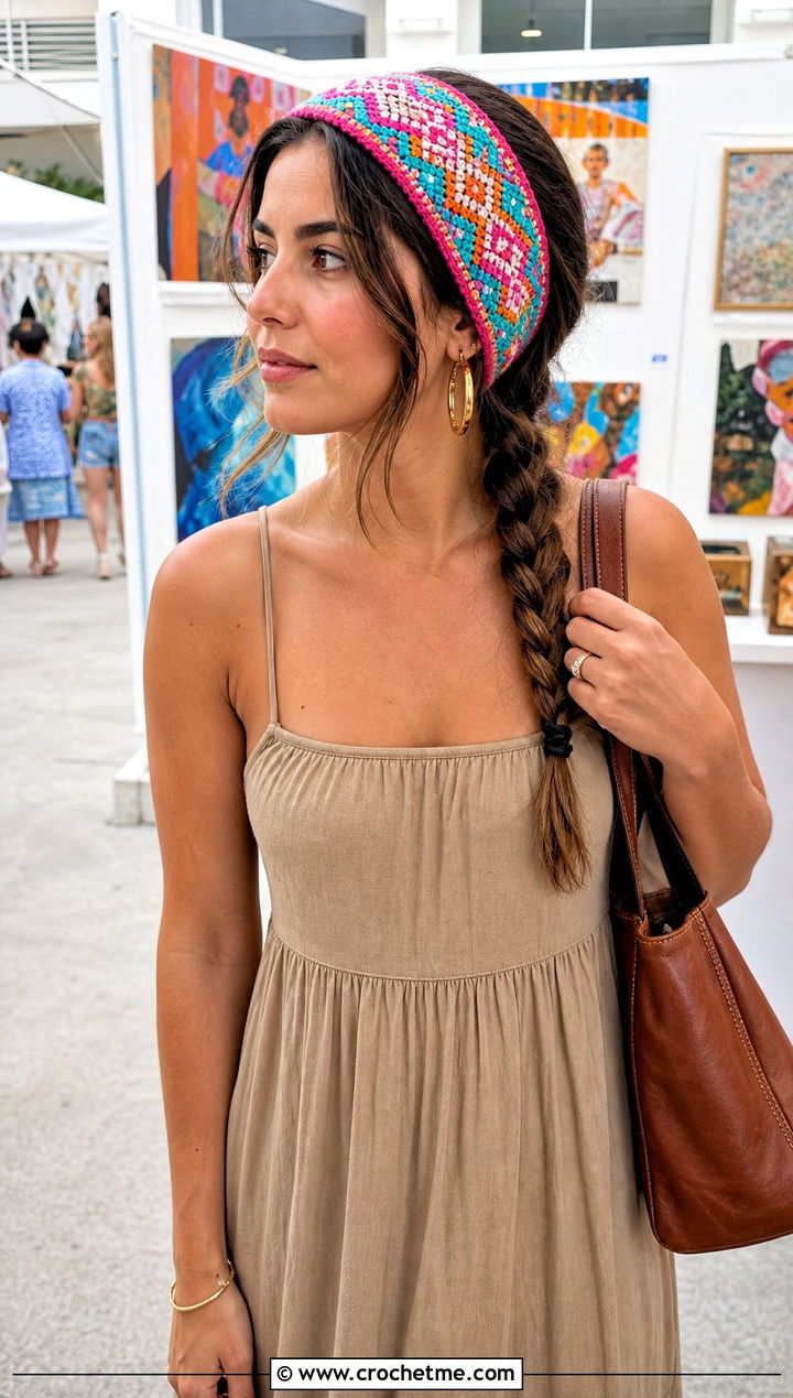 Tapestry Crochet Headband With Neutral Maxi Dress - 30 quick crochet headband outfit ideas