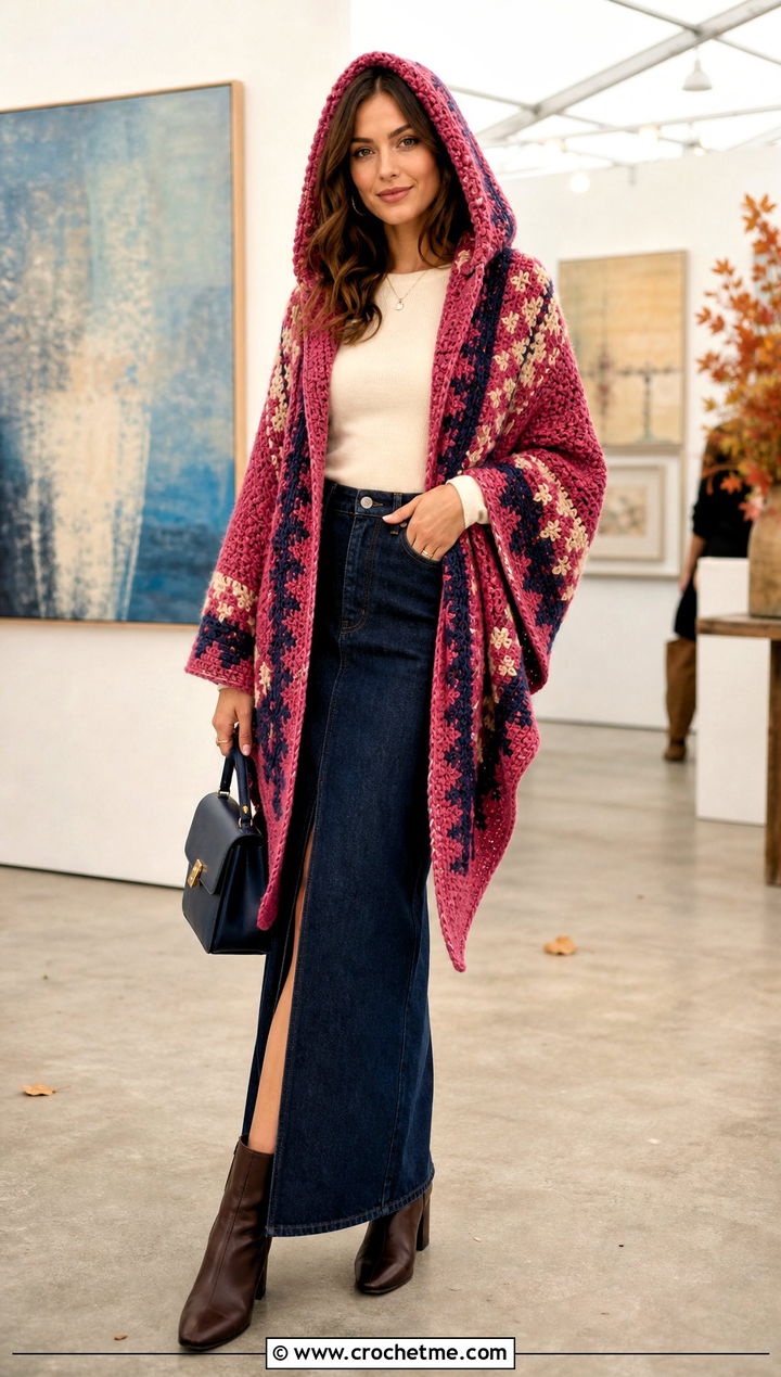 Tapestry Crochet Hooded Shawl With Long Denim Skirt - 35 crochet hooded shawl outfit ideas