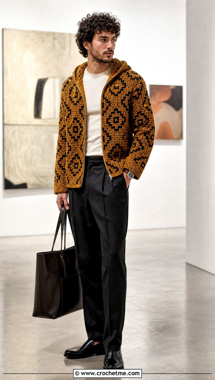 Tapestry Crochet Hoodie With Tailored Trousers - 30 Crochet Hoodies For Men outfit ideas