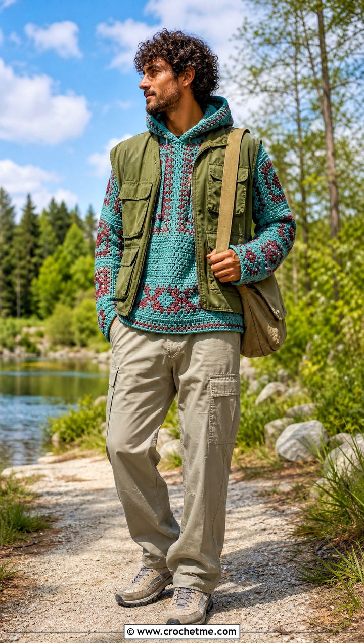 Tapestry Crochet Hoodie With Utility Vest - 35 crochet hoodie for men outfit ideas