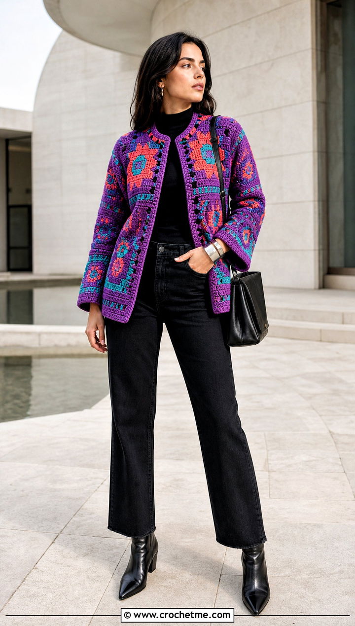 Tapestry Crochet Jacket With Black Denim - 20 Crochet Ladies Jacket outfit ideas