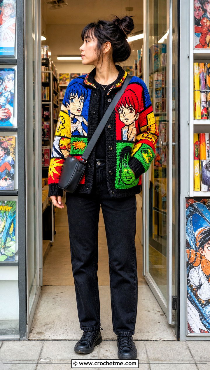 Tapestry Crochet Jacket With Black Jeans - 30 anime inspired crochet clothes and outfit ideas