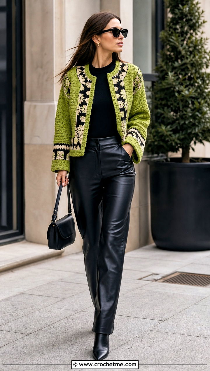 Tapestry Crochet Jacket With Leather Pants - 35 crocheted jacket outfit ideas