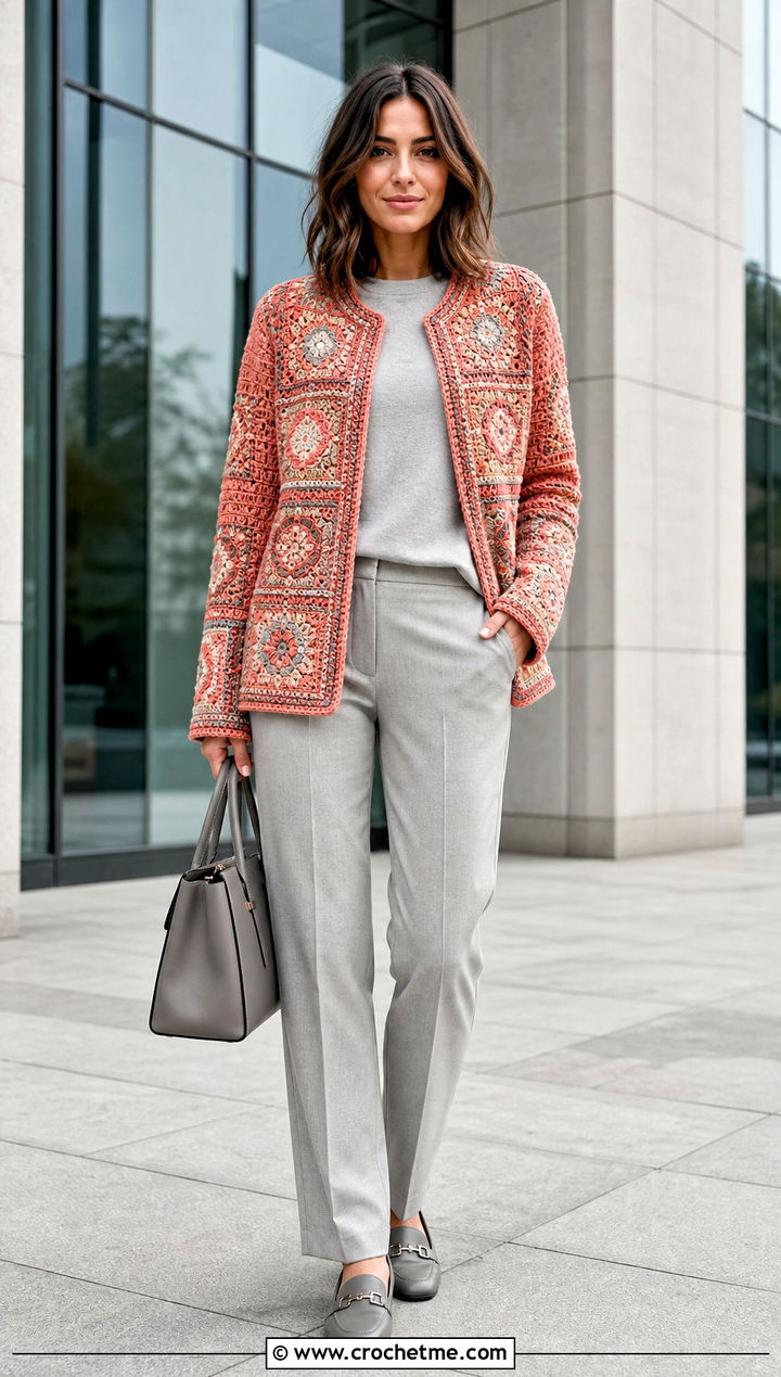 Tapestry Crochet Jacket With Monochrome Basics - 35 cute crochet clothes ideas
