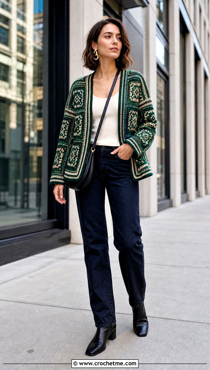 Tapestry Crochet Jacket With Straight Leg Jeans - 30 crochet tapestry clothes and outfit ideas