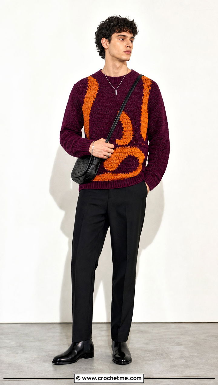 Tapestry Crochet Jumper With Black Trousers - 35 men crochet jumper outfit ideas