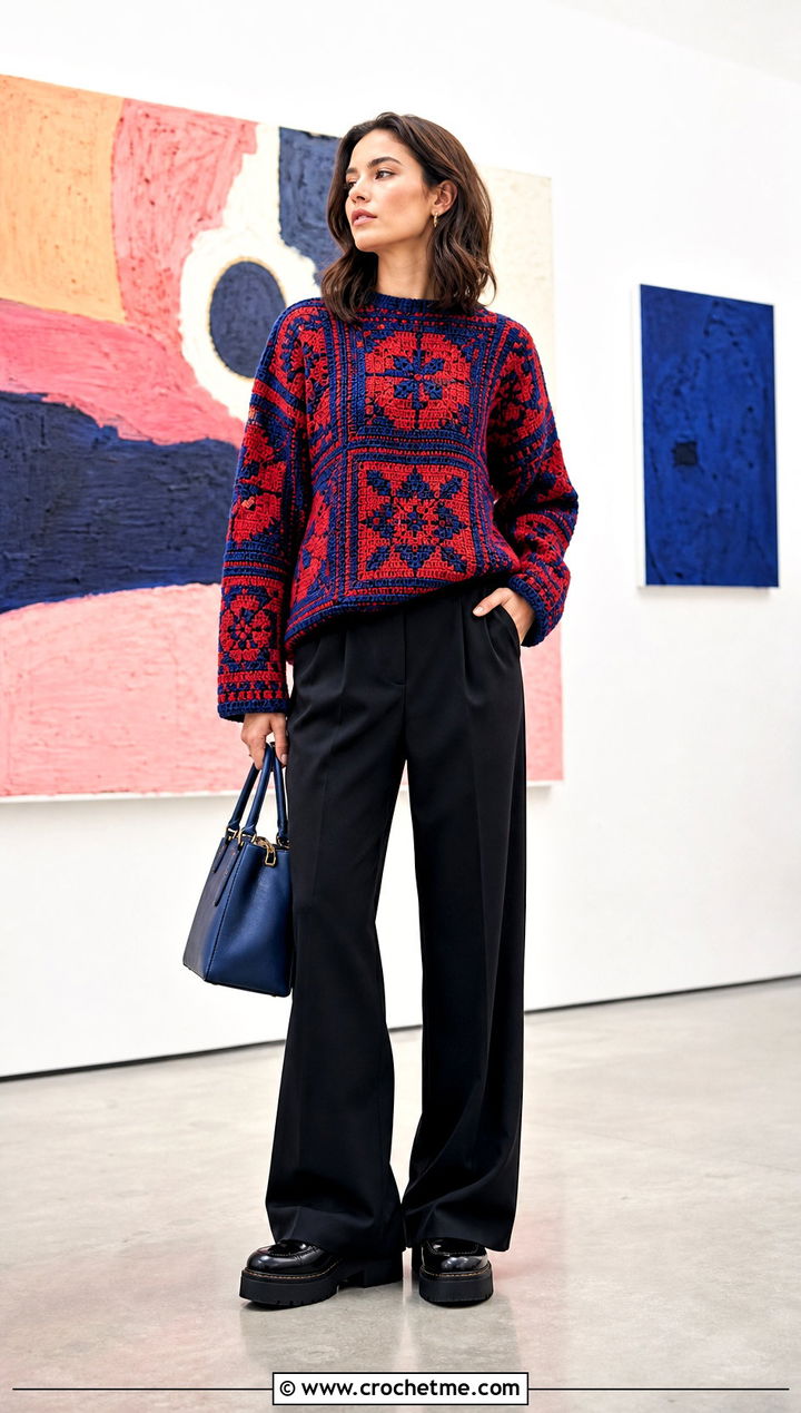 Tapestry Crochet Jumper With Black Trousers - 30 simple crochet jumper outfit ideas
