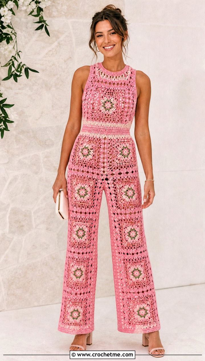 Tapestry Crochet Jumpsuit With Block Heel Sandals - 30 crochet tapestry clothes and outfit ideas