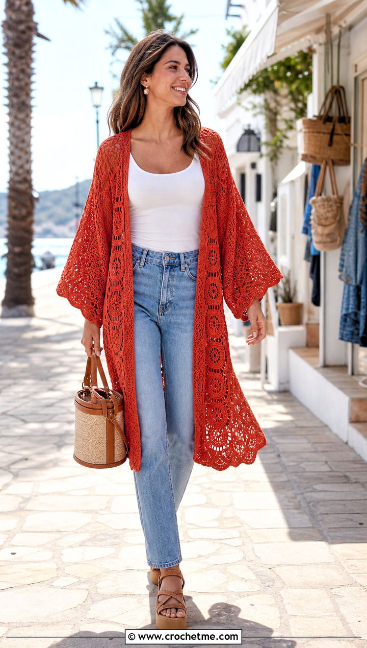 Tapestry Crochet Kimono With Jeans And Tank Top - 30 crochet tapestry clothes and outfit ideas