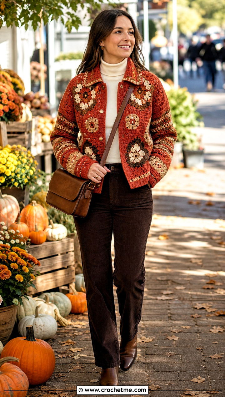 Tapestry Crochet Letterman Jacket With Corduroy Pants - 30 crochet letterman jacket outfit ideas