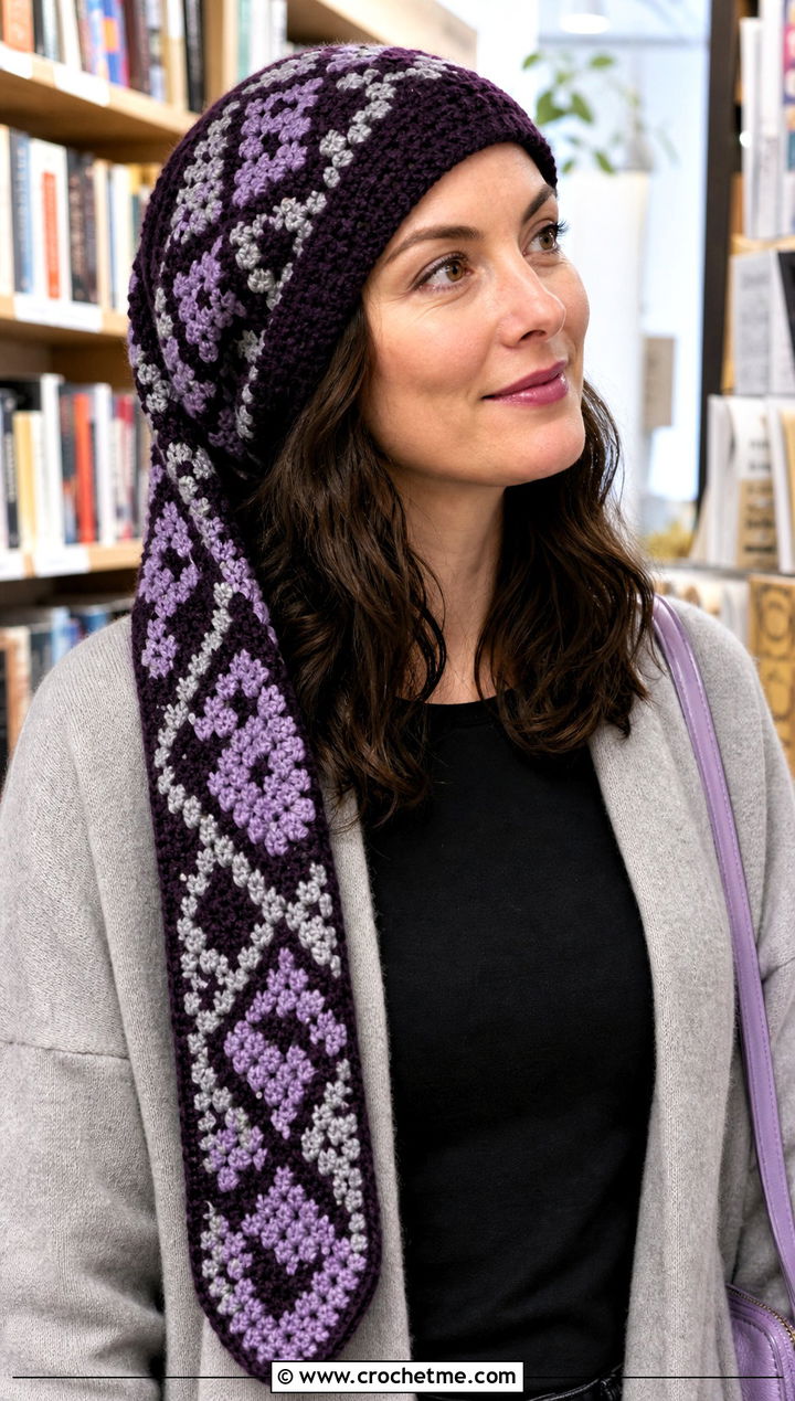 Tapestry Crochet Long Stocking Cap With Long Cardigan - 20 Crochet Long Stocking Cap outfit ideas