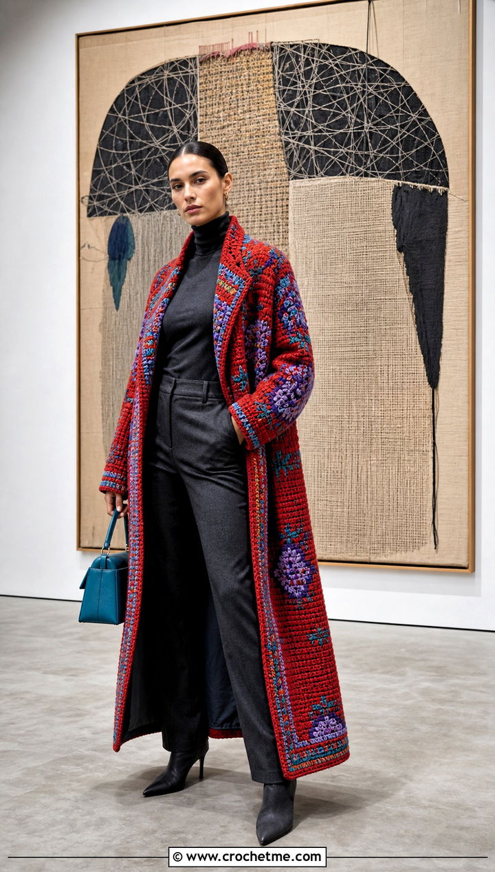 Tapestry Crochet Maxi Coat With Monochrome Outfit - 30 women crochet coat outfit ideas