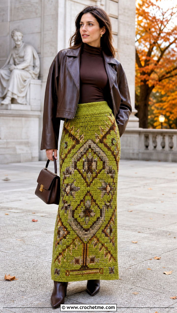 Tapestry Crochet Maxi Skirt With Fitted Turtleneck - 30 crochet tapestry clothes and outfit ideas