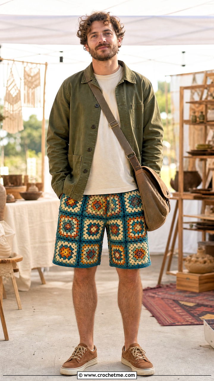 Tapestry Crochet Mens Shorts With Chore Jacket - 35 Crochet Mens Shorts outfit ideas