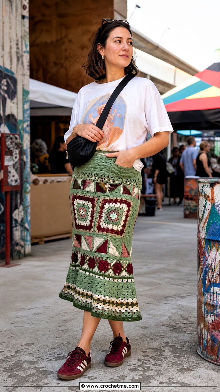 Tapestry Crochet Midi Skirt With Graphic T Shirt - 35 crochet summer skirt outfit ideas