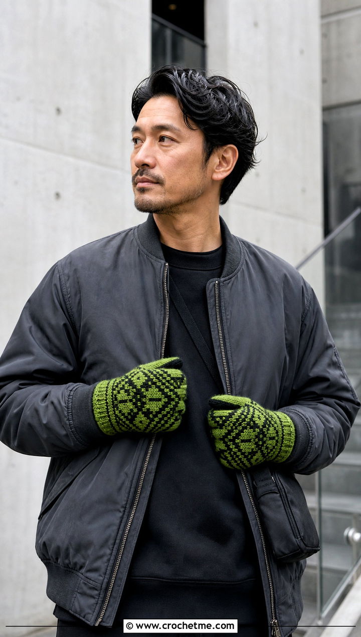 Tapestry Crochet Mittens With Bomber Jacket - 25 Mens Crochet Mittens outfit ideas