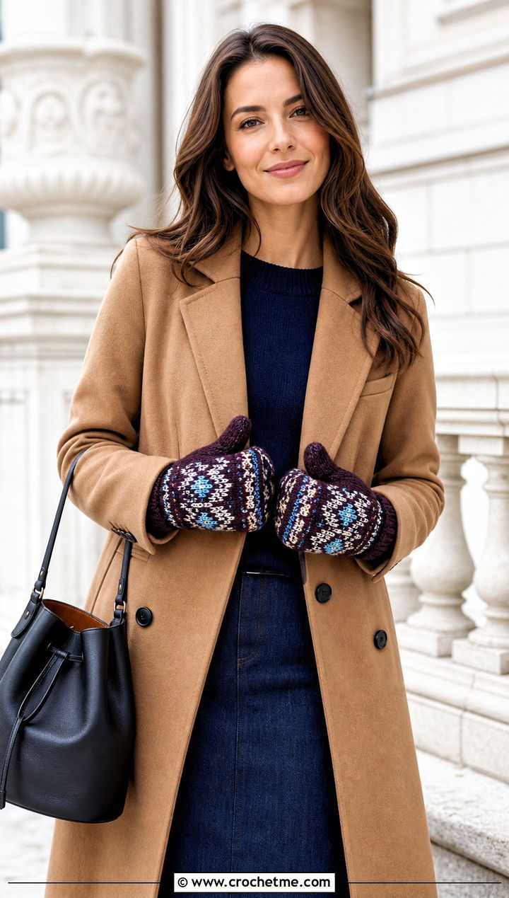 Tapestry Crochet Mittens With Camel Coat - 15 Crochet Mittens With Fleece Lining outfit ideas