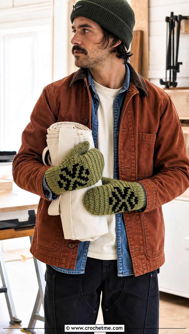 Tapestry Crochet Mittens With Chore Coat - 25 Crochet Mens Mittens outfit ideas