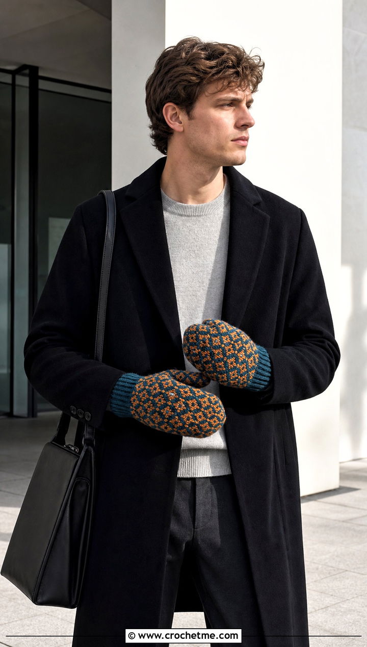 Tapestry Crochet Mittens With Minimal Outfit - 25 Crochet Mens Gloves outfit ideas