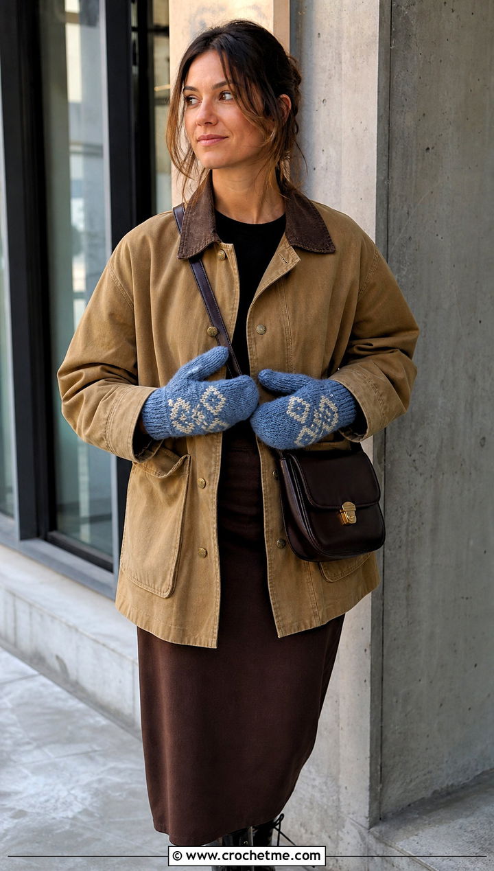 Tapestry Crochet Mittens With Utility Jacket and Column Skirt - 25 Simple Crochet Mittens outfit ideas