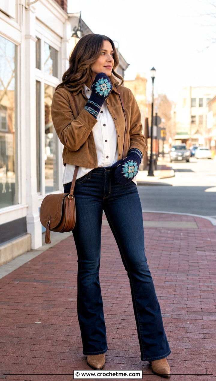 Tapestry Crochet Mittens With Western Denim Outfit - 35 easy crochet mittens for beginners outfit ideas