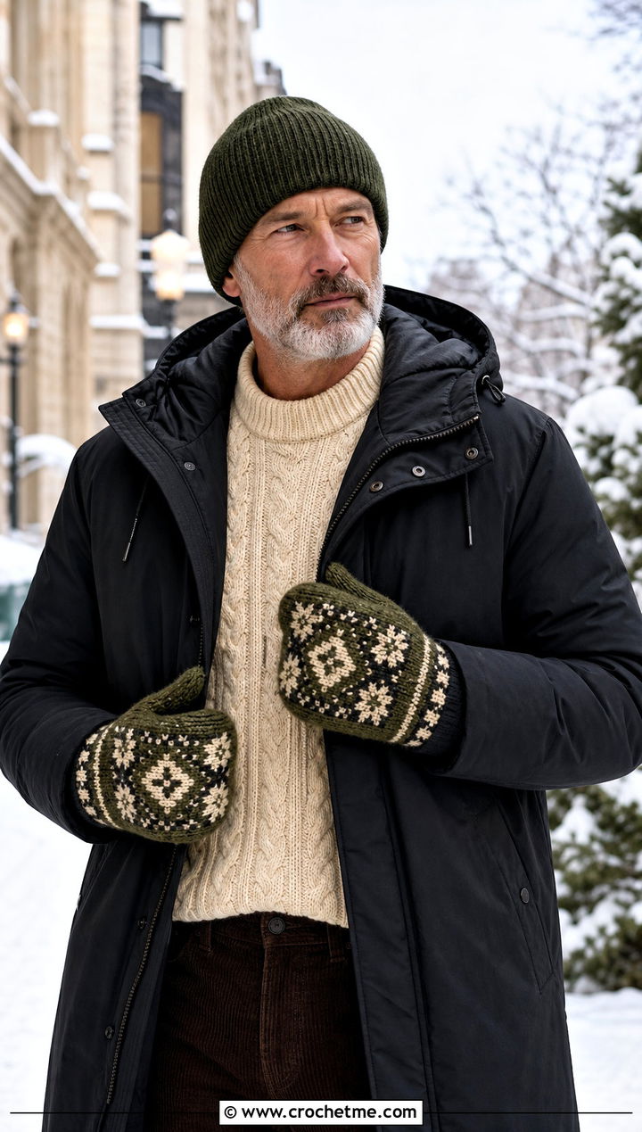 Tapestry Crochet Mittens With Winter Parka - 25 crochet mittens for men outfit ideas
