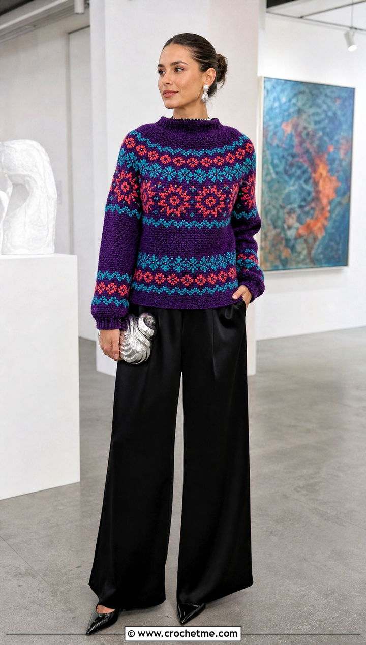 Tapestry Crochet Norwegian Sweater With Satin Trousers - 20 Norwegian Crochet Sweater outfit ideas