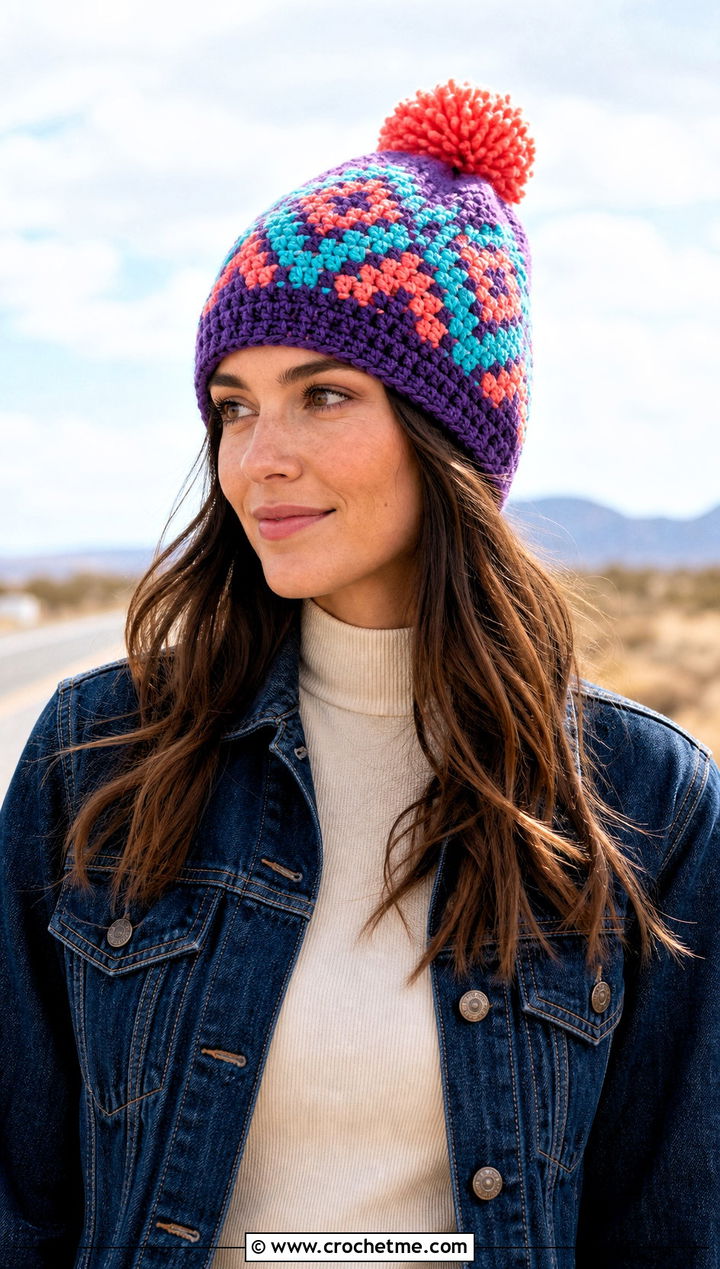 Tapestry Crochet Pom Pom Beanie With Western Jacket - 30 crochet beanie with pom pom outfit ideas