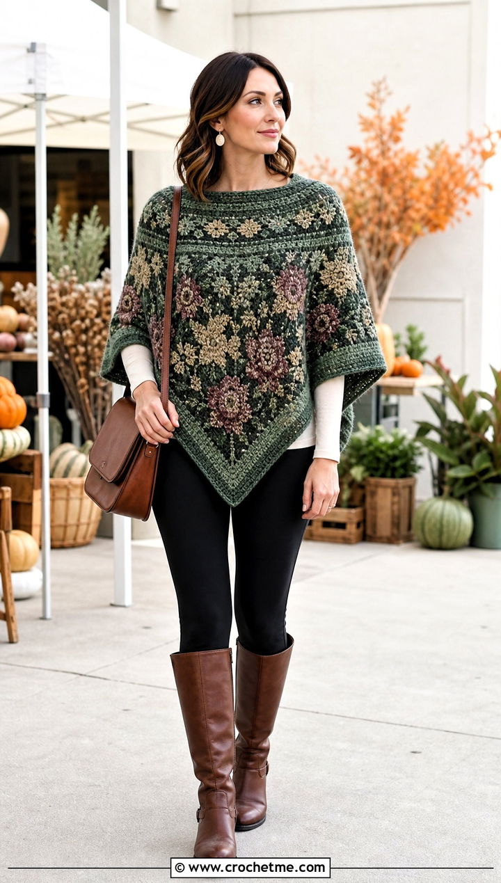 Tapestry Crochet Poncho With Leggings And Boots - 30 crochet tapestry clothes and outfit ideas