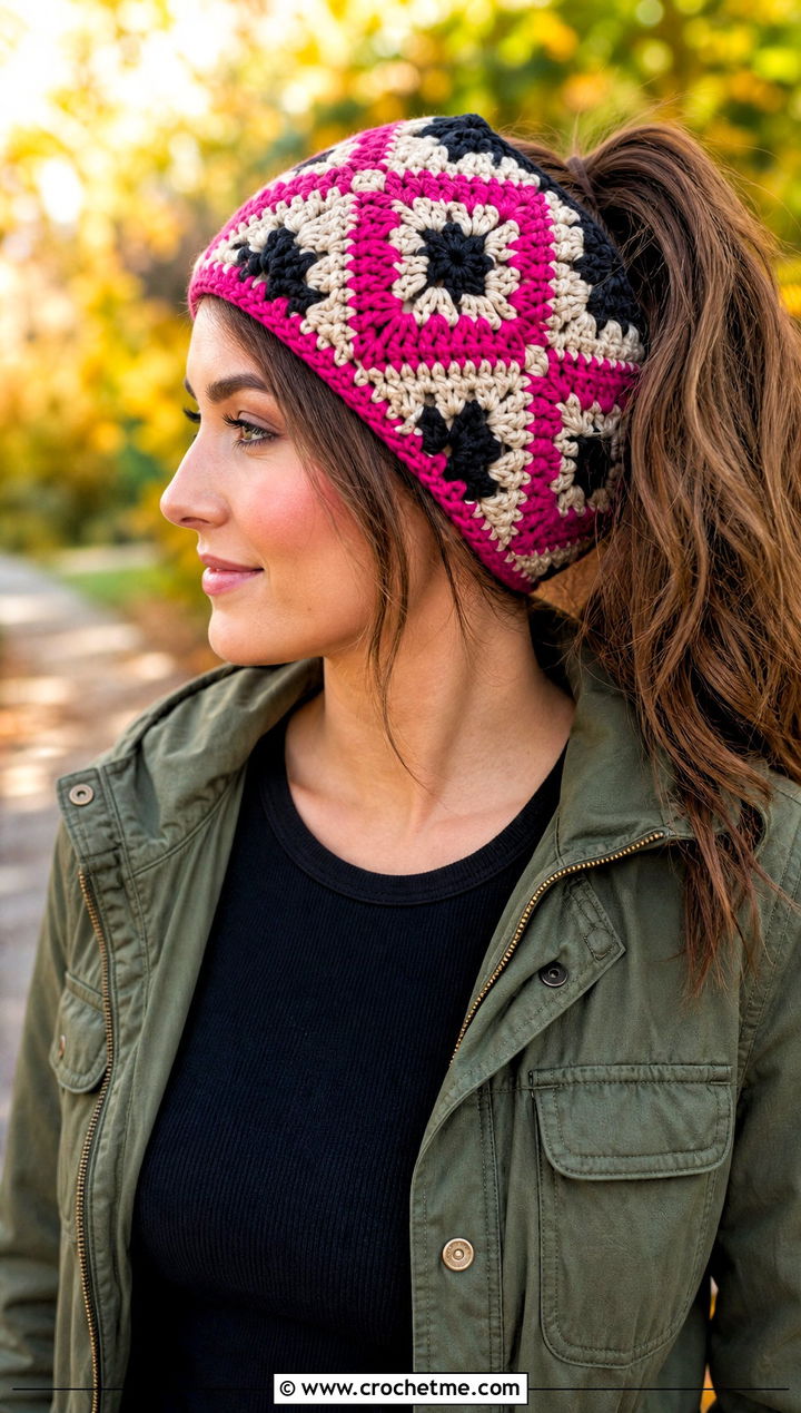 Tapestry Crochet Ponytail Beanie With Field Jacket And Black Jeans - 30 crochet beanie with ponytail hole outfit ideas