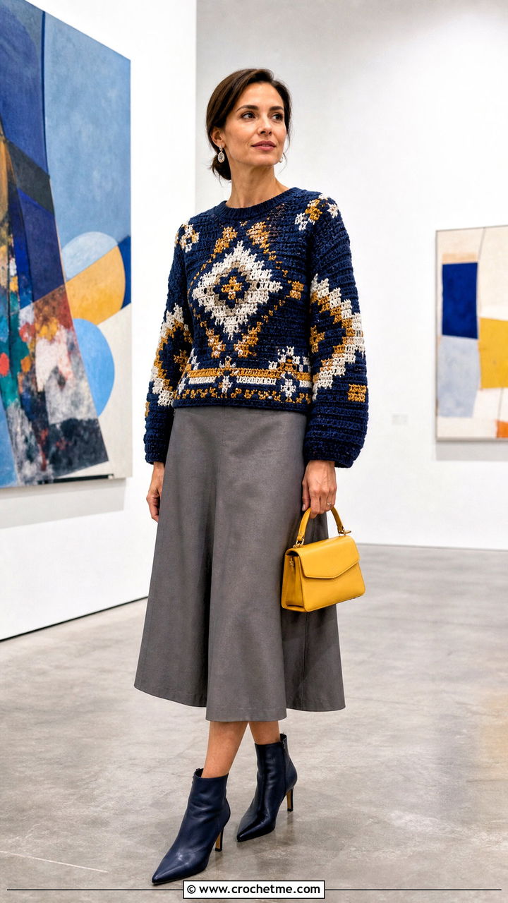 Tapestry Crochet Pullover With A Line Skirt - 35 crochet pullover outfit ideas