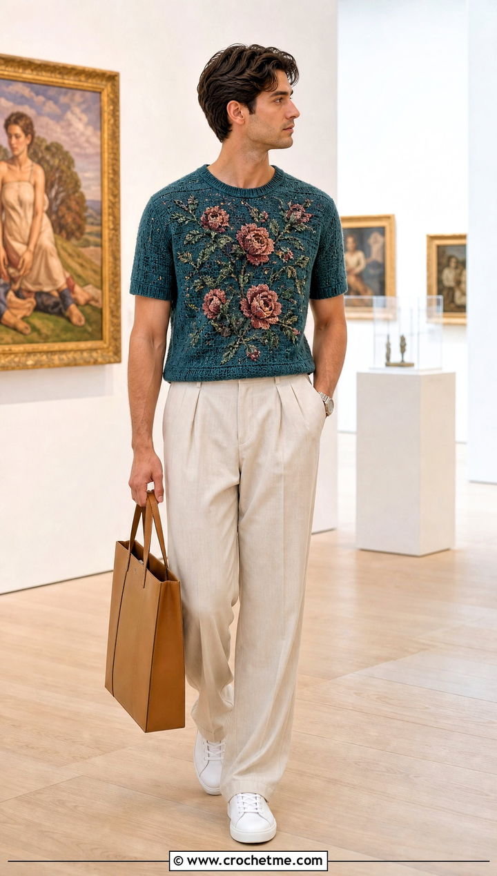 Tapestry Crochet Rose Tee With Pleated Pants - 35 crochet rose top outfit ideas