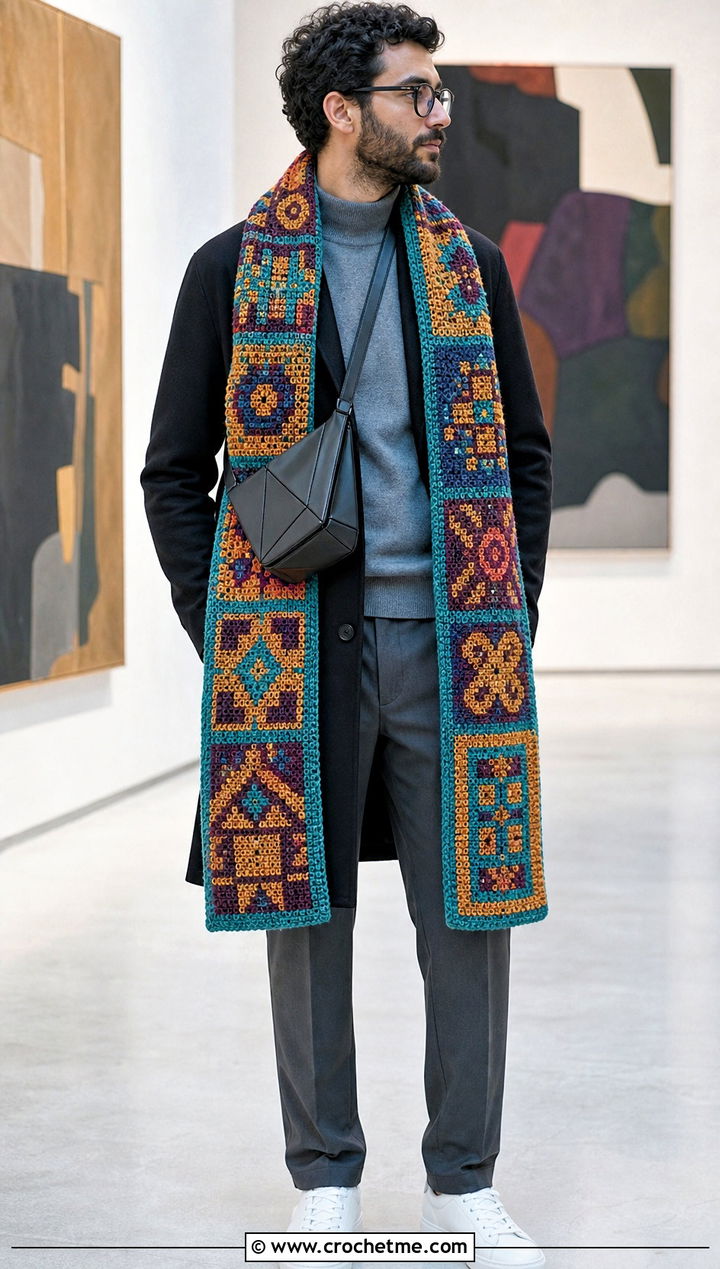 Tapestry Crochet Scarf With Minimalist Coat - 30 male crochet scarf outfit ideas