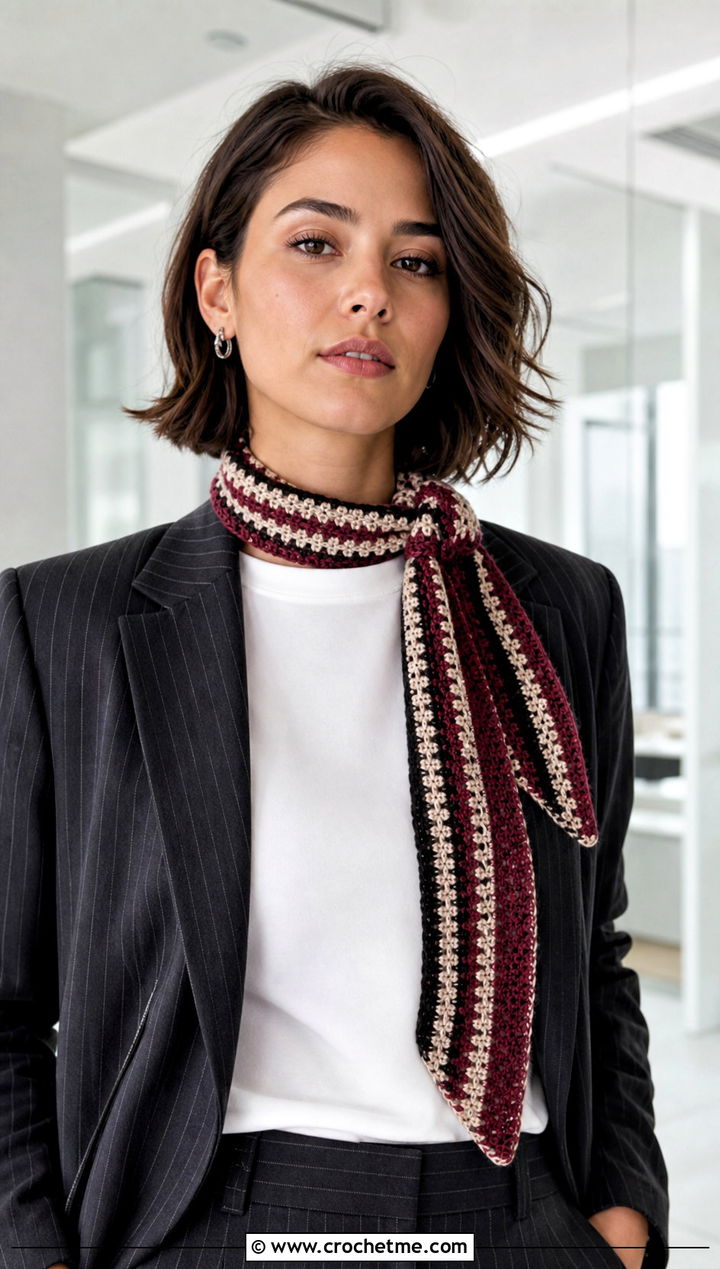 Tapestry Crochet Scarf With Pinstripe Suit - 25 Wednesday Crochet Scarf outfit ideas