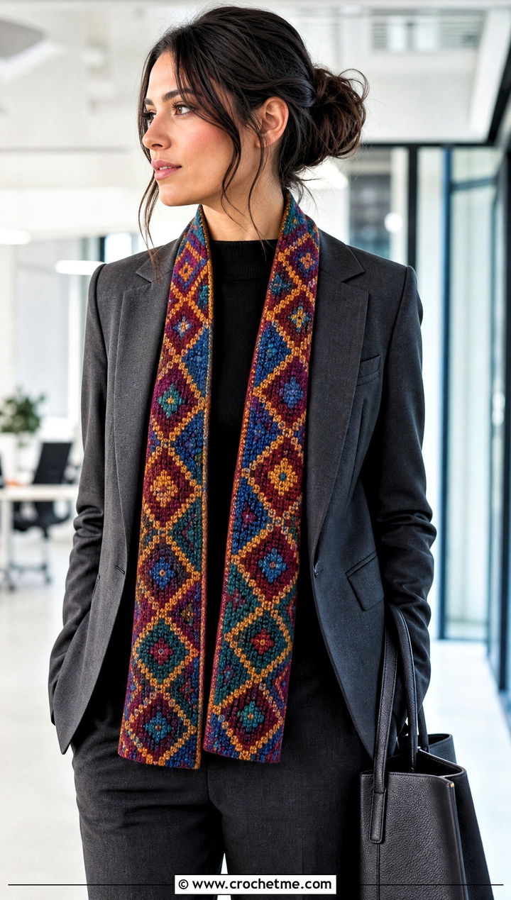 Tapestry Crochet Scarf With Tailored Suit - 25 multi colored crochet scarf outfit ideas