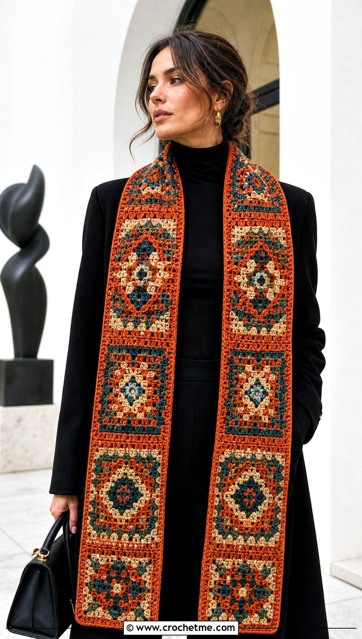 Tapestry Crochet Scarf With Turtleneck And Leather Pants - 35 fun crochet scarf outfit ideas