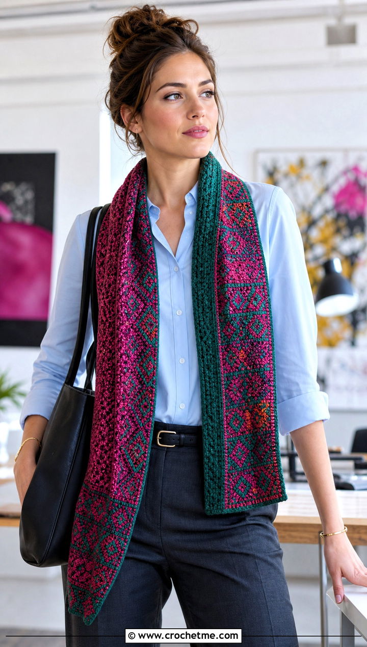 Tapestry Crochet Scarf With Work Shirt And Tailored Pants - 30 2 color crochet scarf outfit ideas