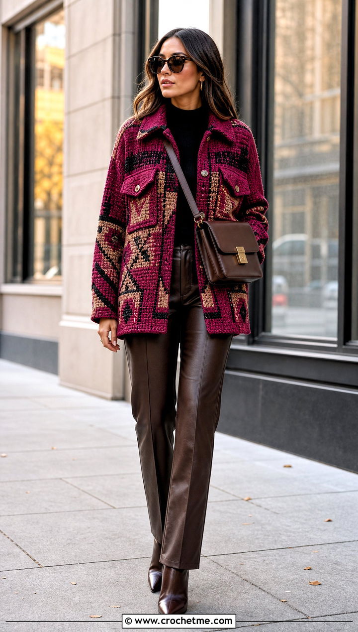 Tapestry Crochet Shacket With Leather Pants - 30 crochet tapestry clothes and outfit ideas