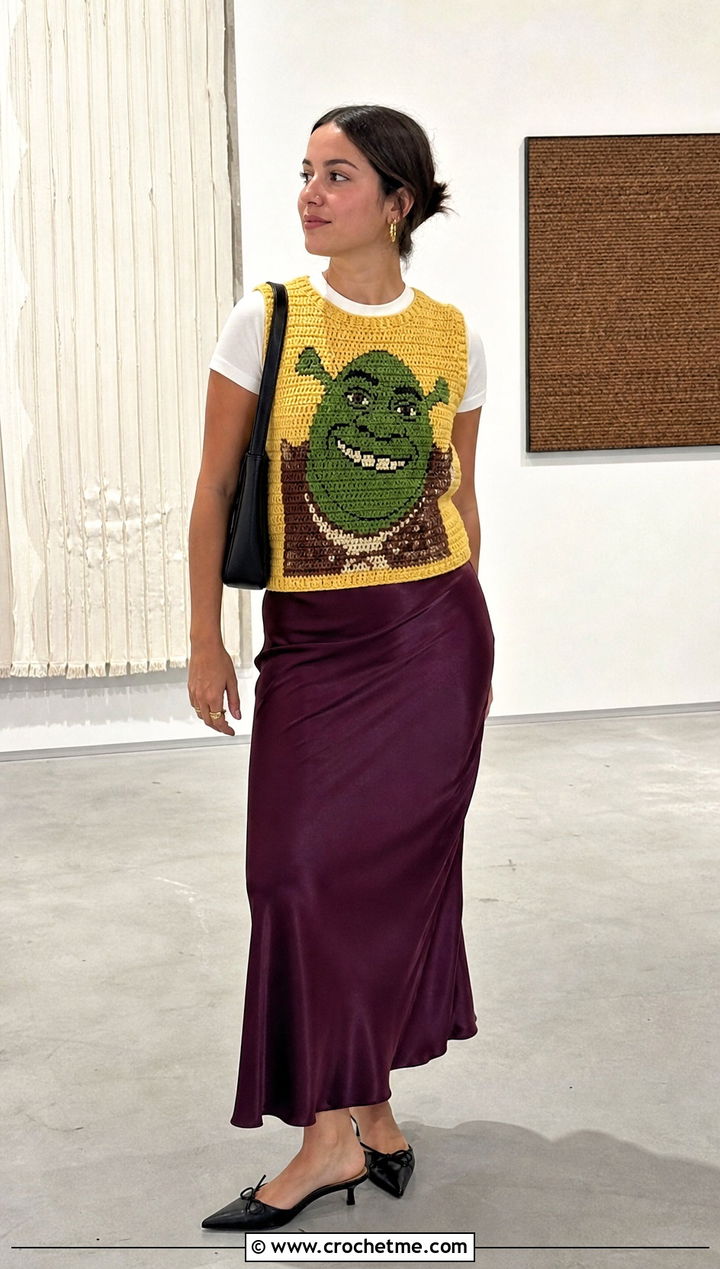 Tapestry Crochet Shrek Vest With Satin Slip Skirt - 15 Crochet Shrek Vest outfit ideas