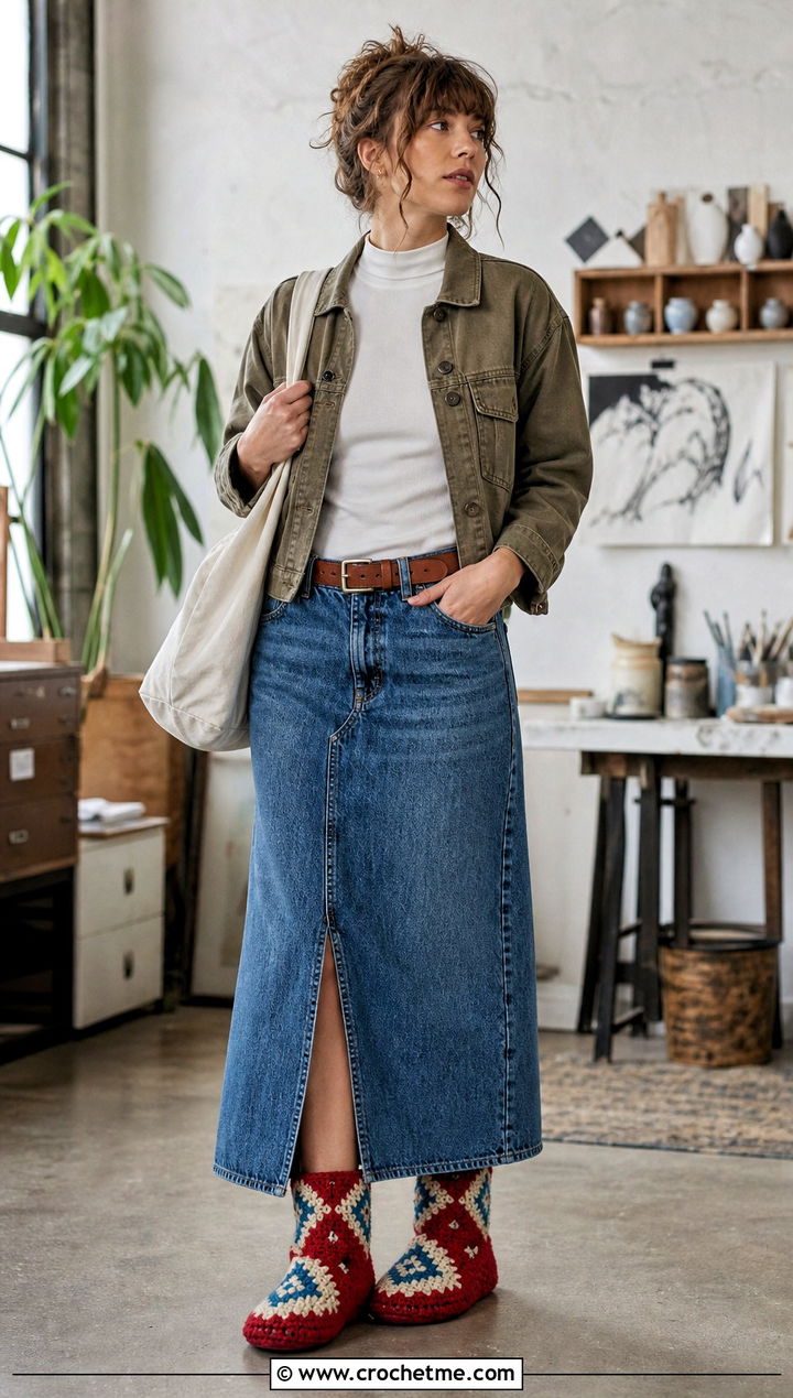 Tapestry Crochet Slipper Boots With Denim Maxi Skirt - 35 crochet slipper boots outfit ideas