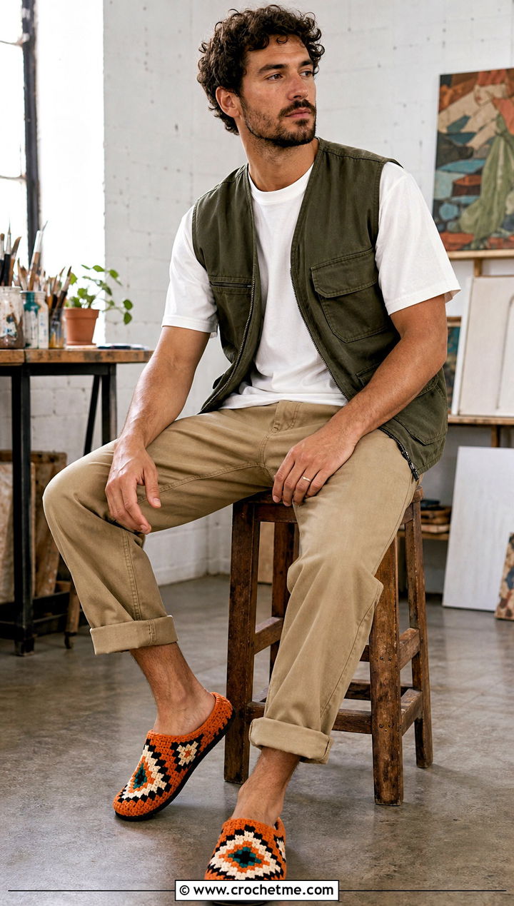 Tapestry Crochet Slippers With Utility Vest And Canvas Pants - 30 easy mens crochet slippers outfit ideas
