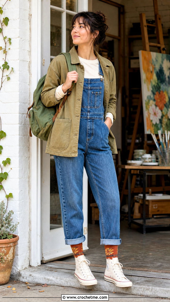 Tapestry Crochet Socks With Denim Overalls And High Tops - 35 crochet socks outfit ideas