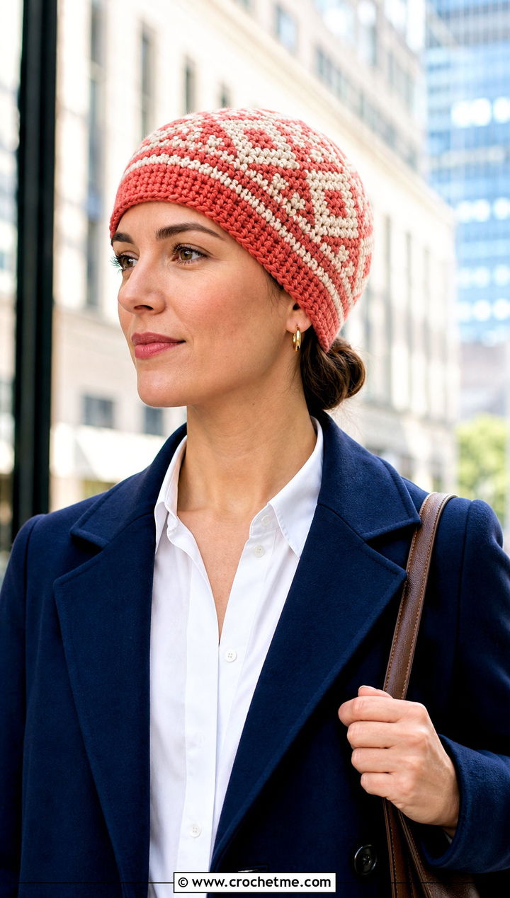 Tapestry Crochet Spiral Beanie With Workwear Separates - 15 crochet swirl beanie outfit ideas