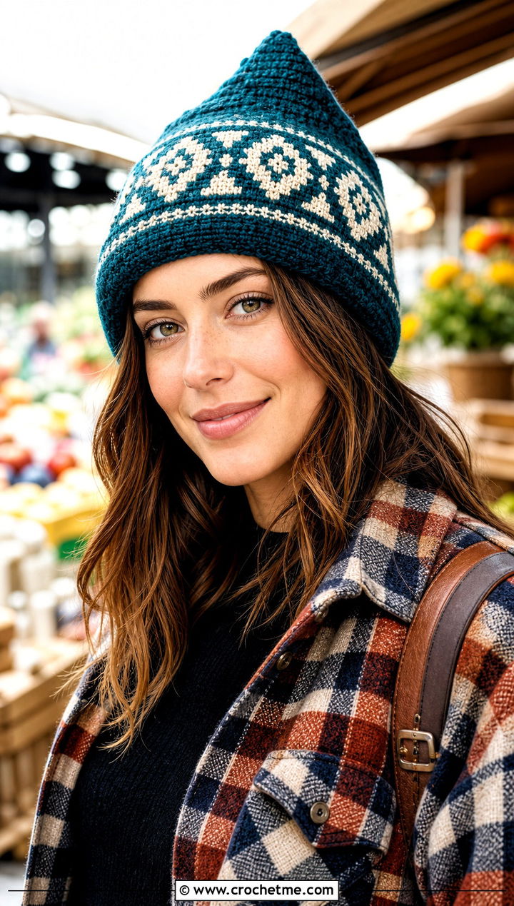 Tapestry Crochet Stocking Hat With Plaid Shacket - 25 easy crochet stocking hat outfit ideas