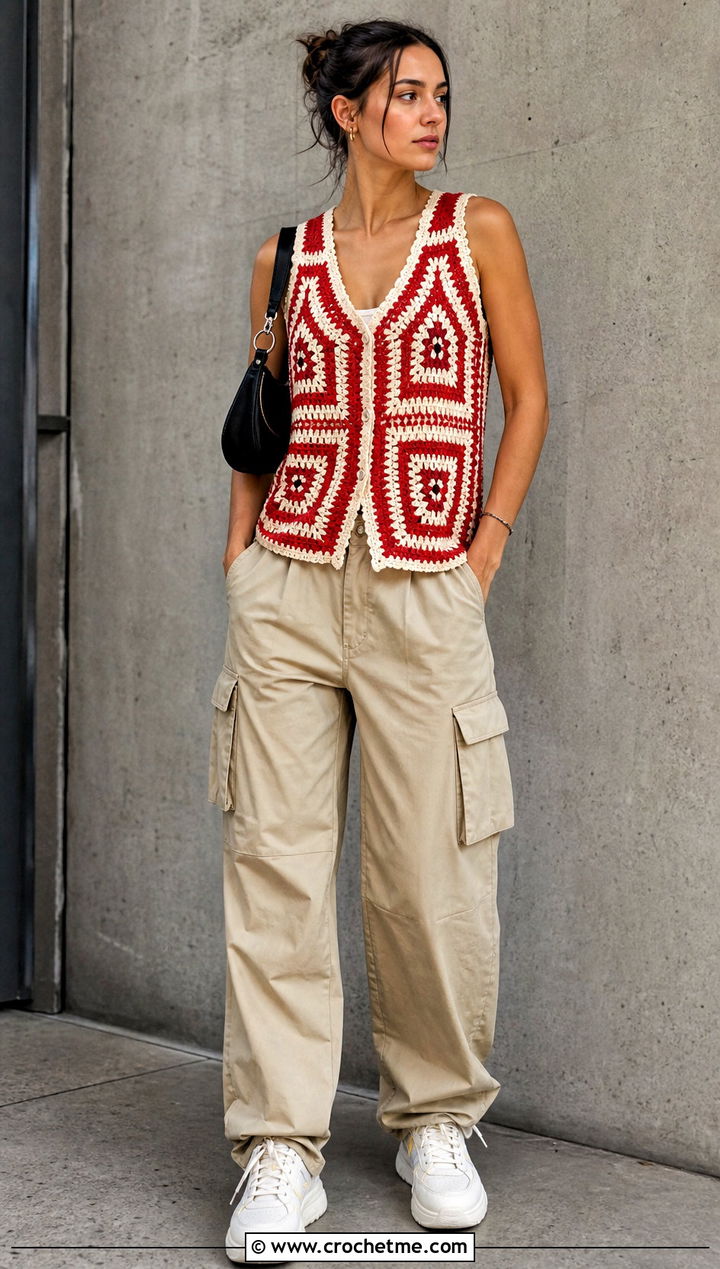 Tapestry Crochet Summer Vest With Cargo Pants - 35 Crochet Summer Vest outfit ideas