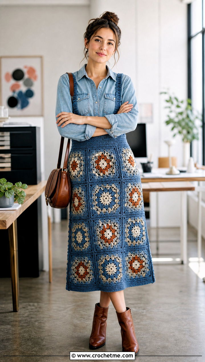 Tapestry Crochet Suspender Skirt With Chambray Shirt - 25 crochet suspender skirt outfit ideas