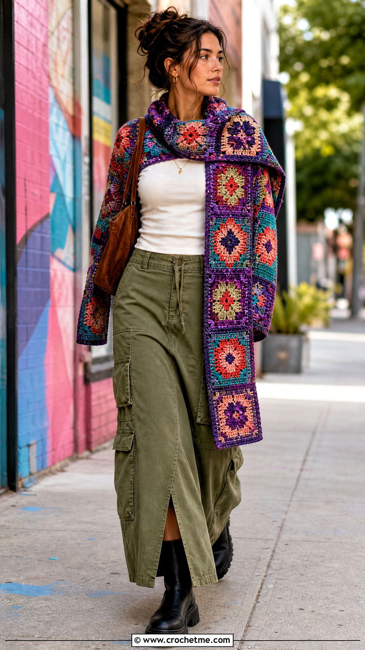 Tapestry Crochet Sweater Scarf With Cargo Maxi Skirt - 35 crochet sweater scarf outfit ideas