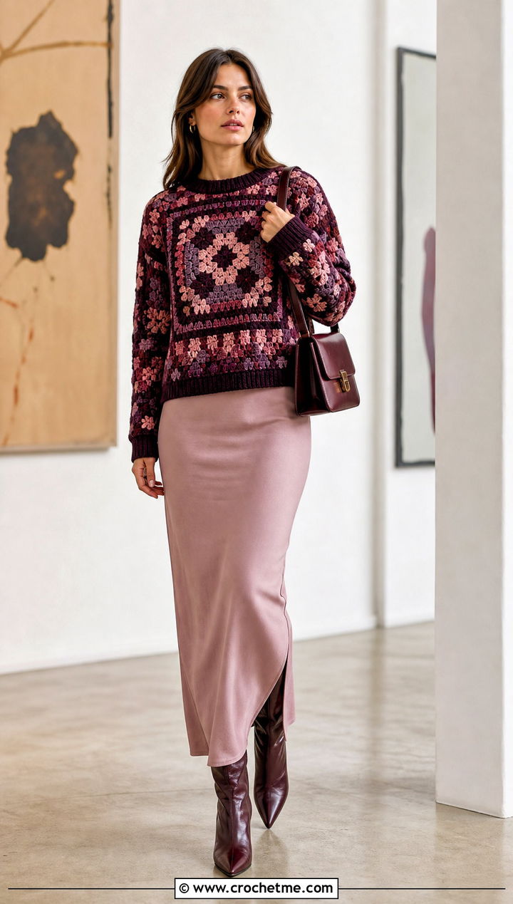 Tapestry Crochet Sweater With Column Maxi Skirt - 15 crochet sweater with geometric outfit ideas